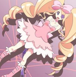 Rule 34 | 1girl, arms behind back, blonde hair, blue eyes, bow, collarbone, dress, drill hair, eyepatch, hair bow, harime nui, huge bow, kill la kill, life fiber, long hair, migime1, open mouth, pink bow, pink footwear, scissor blade (kill la kill), solo, strapless, strapless dress, twin drills, twintails