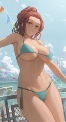 Rule 34 | 1girl, absurdres, against railing, bare shoulders, beach, bikini, blue eyes, blue sky, blush, breasts, brown eyes, brown hair, cleavage, cloud, collarbone, commentary, cowboy shot, day, english commentary, female focus, forehead, free style (yohan1754), green bikini, grey eyes, grin, hair pulled back, highres, large breasts, legs together, long hair, looking at viewer, midriff, navel, ocean, original, outdoors, parted lips, ponytail, railing, sky, smile, solo, standing, stomach, strap gap, string bikini, string of flags, swimsuit, thighs, underboob