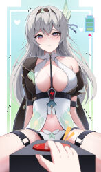 Rule 34 | 1girl, 1other, absurdres, black hairband, blush, breasts, commentary request, firefly (honkai: star rail), grey hair, hairband, highres, honkai: star rail, honkai (series), large breasts, long hair, looking at viewer, navel, off shoulder, parted lips, purple eyes, single bare shoulder, sitting, solo focus, thigh strap, very long hair, yeni1871