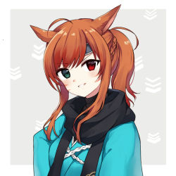 Rule 34 | 1girl, ahoge, animal ears, warrior of light (ff14), black scarf, blue kimono, blush, braid, breasts, brown hair, cat ears, commentary request, facial mark, final fantasy, final fantasy xiv, green eyes, grey background, head tilt, heterochromia, japanese clothes, kimono, kinatsu ship, long hair, looking at viewer, miqo&#039;te, ponytail, red eyes, scarf, sidelocks, small breasts, smile, solo, two-tone background, upper body, v-shaped eyebrows, whisker markings, white background