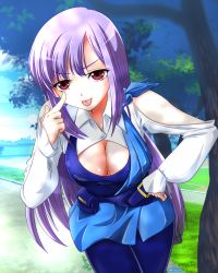 Rule 34 | 1girl, :p, bare shoulders, blue sky, blush, breasts, bridge, brown eyes, city, cleavage, day, earrings, gundam, gundam zz, highres, jewelry, long hair, medium breasts, nzack, ocean, one eye closed, outdoors, pantyhose, park, path, pocket, purple hair, road, roux louka, sky, smile, solo, tongue, tongue out, tree, water