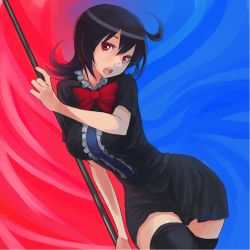 Rule 34 | 1girl, ahoge, black hair, black thighhighs, bow, bowtie, bukimi isan, dress, female focus, hip focus, houjuu nue, open mouth, polearm, red eyes, short hair, solo, thighhighs, touhou, weapon, wide hips, zettai ryouiki