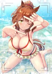 Rule 34 | 1girl, alternate costume, animal ears, armpits, arms up, aston machan (umamusume), bare shoulders, barefoot, bikini, blush, breasts, brown hair, cleavage, closed mouth, commentary request, ear ornament, front-tie bikini top, front-tie top, green eyes, highres, horse ears, large breasts, looking at viewer, ocean, one eye closed, outdoors, partially submerged, ponytail, sitting, smile, solo, swimsuit, umamusume, viewfinder, wariza, water, wet, white bikini, zenrakishi
