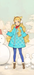 Rule 34 | 1girl, absurdres, blonde hair, blue coat, blue eyes, blue pantyhose, blush, boots, cloud, coat, commentary request, earmuffs, fur-trimmed footwear, fur trim, highres, ingrid (seiken no faeries), long hair, mittens, ooyari ashito, open mouth, outdoors, pantyhose, red scarf, scarf, seiken no faeries, sketch, sky, smile, snow, snowman, solo, wavy hair, white mittens