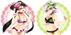 Rule 34 | + +, 2girls, black hair, bow, bow bra, bow panties, bra, breasts, brown eyes, callie (splatoon), cleavage, closed eyes, commentary request, cousins, doily, earrings, fangs, food, food on head, gluteal fold, green bra, green panties, grey hair, groin, hand on own chest, heart, heart earrings, highres, inkling, jewelry, lace, lace-trimmed bra, lace-trimmed panties, lace trim, lingerie, long hair, looking at viewer, marie (splatoon), medium hair, multiple girls, navel, necklace, nintendo, nomu (29 nom), object on head, open mouth, panties, pointy ears, purple bra, purple panties, short hair, smile, splatoon (series), standing, striped bra, striped clothes, striped panties, swept bangs, underwear, underwear only, vertical-striped bra, vertical-striped clothes, vertical-striped panties, very long hair, w arms, white background