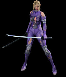 Rule 34 | 1girl, 3d, bare shoulders, black background, blonde hair, bodysuit, braid, breasts, death by degrees, dirty, dual wielding, elbow gloves, female focus, full body, gloves, holding, katana, namco, nina williams, official art, simple background, skin tight, solo, standing, sword, tekken, tekken 2, tekken 3, tekken 4, tekken 5 (dark resurrection), tekken tag tournament, torn clothes, weapon