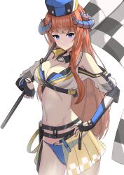 Rule 34 | 1girl, absurdres, arknights, bagpipe (arknights), bagpipe (queen no. 1) (arknights), bare shoulders, black gloves, blue eyes, blue headwear, blue panties, breasts, checkered flag, cleavage, clothing cutout, commentary request, cowboy shot, crop top, fingerless gloves, flag, gloves, highres, holding, holding flag, horns, large breasts, long hair, looking at viewer, midriff, navel, official alternate costume, orange hair, panties, partial commentary, shoulder cutout, simple background, smile, solo, standing, stomach, thighs, underwear, very long hair, white background, yuuki (fehr2487)
