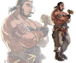 Rule 34 | 1boy, arm tattoo, bandaged leg, bandages, bara, beard, brown pants, character request, chinese commentary, cigar, copyright request, dark-skinned male, dark skin, eyepatch, facial hair, from side, full body, hammer, holding, holding hammer, konohanaya, looking at viewer, male focus, mature male, medium hair, muscular, muscular male, original, pants, pectoral cleavage, pectorals, pelvic curtain, projected inset, smoking, tattoo