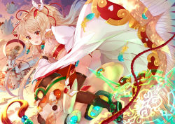 Rule 34 | 10s, 2girls, :d, andira (granblue fantasy), ass, bare shoulders, black legwear, blonde hair, blush, detached sleeves, erune, feathers, granblue fantasy, hagoromo, hair bobbles, hair ornament, long hair, long sleeves, looking at viewer, mahira (granblue fantasy), multiple girls, open mouth, pointy ears, red eyes, riding, shawl, sidelocks, smile, thighhighs, two side up, wide sleeves, xephonia