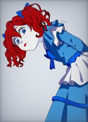 1girl blue_dress dress highres makeup poppy_playtime poppy_playtime_(character) red_hair ribbon twintails