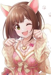 Rule 34 | 1girl, ;d, animal ears, animal hands, bare shoulders, blush, breasts, brown hair, cat ears, cat paws, cat tail, cleavage, collarbone, detached sleeves, dress, fake animal ears, fake tail, fang, floral print, footprints, frilled dress, frills, green eyes, hands up, heart, heart necklace, highres, idolmaster, idolmaster cinderella girls, idolmaster cinderella girls starlight stage, jewelry, long sleeves, looking at viewer, maekawa miku, medium breasts, multiple necklaces, necklace, necocafe lili, one eye closed, open mouth, pearl necklace, pink dress, print dress, print sleeves, short hair, simple background, sleeveless, sleeveless dress, smile, solo, tail, white background, yellow sleeves