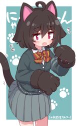 Rule 34 | 1girl, ahoge, animal ears, animal hands, artist self-insert, black hair, blush, border, bow, bowtie, cardigan, cat ears, cat paws, cat tail, collared shirt, commentary request, cowboy shot, dress shirt, fang, flying sweatdrops, green background, green cardigan, grey skirt, hair between eyes, hand up, highres, jitome, long sleeves, looking at viewer, medium hair, medium skirt, mole, mole under eye, naga u, naga u-chan, open mouth, original, outside border, paw print, paw print background, pleated skirt, red bow, red bowtie, red eyes, shirt, skirt, smile, solo, standing, straight hair, striped bow, striped bowtie, striped clothes, sweat, tail, thick eyebrows, translation request, white border, white shirt