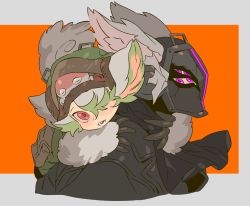 Rule 34 | 1boy, 1girl, alternate form, animal ears, ascot, black ascot, black coat, body fur, bondrewd, carrying, claws, coat, collared coat, creature, creature on head, extra eyes, green fur, green headwear, grey fur, hair over one eye, helm, helmet, highres, looking at viewer, made in abyss, meinya (made in abyss), mgong520, open mouth, orange background, piggyback, pink eyes, prushka, red eyes, simple background, tail, upper body