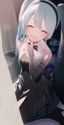Rule 34 | 1girl, :d, aqua hair, bare shoulders, black hairband, black ribbon, breasts, closed eyes, commentary, dress, elbow gloves, facing viewer, finger to mouth, gloves, grin, hairband, hand up, hatsune miku, highres, long hair, medium breasts, miku symphony (vocaloid), neck ribbon, open mouth, resolution mismatch, ribbon, shushing, shuuha arutsu, sitting, smile, solo, source smaller, teeth, twintails, upper body, vocaloid, white dress
