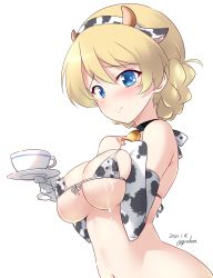 Rule 34 | 1girl, animal ears, animal print, bell, bikini, blonde hair, blue eyes, blush, braid, breasts, chinese zodiac, closed mouth, collar, covered erect nipples, cow ears, cow girl, cow horns, cow print, cup, darjeeling (girls und panzer), elbow gloves, fake animal ears, fake horns, girls und panzer, gloves, highres, horns, kuzuryuu kennosuke, lactation, large breasts, looking at viewer, navel, neck bell, shiny skin, simple background, smile, solo, swimsuit, teacup, upper body, white background, year of the ox