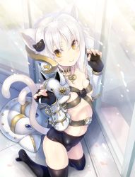 Rule 34 | 1girl, absurdres, animal ears, armor, artist request, belt bra, black gloves, black thighhighs, blush, cat ears, cat girl, cat hair ornament, cat tail, female focus, fingerless gloves, gloves, hair ornament, high school dxd, highres, kneeling, looking at viewer, medium hair, multiple tails, skindentation, smile, solo, tail, thighhighs, toujou koneko, vambraces, white hair, yellow eyes