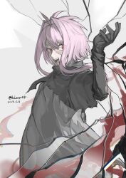 Rule 34 | 1boy, absurdres, arm up, black capelet, black gloves, blood, capelet, chinese commentary, commentary request, dated, eyes visible through hair, fang, gloves, grey shirt, hair between eyes, hair intakes, highres, huanjue fangying, long sleeves, male focus, nijou ryuu, open mouth, patchwork skin, pink hair, red eyes, saibou shinkyoku, shirt, short hair with long locks, smile, solo, torn capelet, torn clothes, upper body