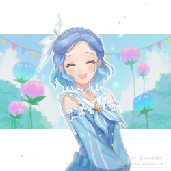 Rule 34 | 1girl, :d, ^ ^, artist name, belt, blue belt, blue bow, blue flower, blue hair, blue ribbon, blue shirt, blue sky, blue sleeves, blush, bow, braid, buttons, choker, closed eyes, cloud, commentary request, crown braid, day, detached sleeves, eyelashes, flower, forehead, frilled sailor collar, frilled sleeves, frills, genshin impact, gradient hair, hair ornament, hair ribbon, happy, highres, idyia (genshin impact), karanashi mari, long sleeves, multicolored hair, neck ribbon, open mouth, parted bangs, pink flower, plant, puffy detached sleeves, puffy long sleeves, puffy sleeves, ribbon, sailor collar, shirt, short hair, sidelocks, sky, sleeveless, sleeveless shirt, smile, solo, string of flags, teeth, tree, twitter username, upper body, upper teeth only, watermark, white background, white choker, white ribbon, white sailor collar