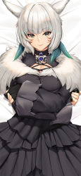 Rule 34 | 1girl, animal ears, arms under breasts, black dress, breasts, brooch, cat ears, choker, cleavage, closed mouth, crossed arms, dakimakura (medium), dress, facial mark, feather hair ornament, feathers, final fantasy, final fantasy xiv, fur collar, gloves, grey hair, hair ornament, jewelry, long sleeves, looking at viewer, lying, medium hair, miqo&#039;te, on back, partially fingerless gloves, smile, solo, tony guisado, whisker markings, y&#039;shtola rhul, yellow eyes