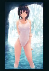 Rule 34 | 1girl, absurdres, aoyama sumika, black hair, breasts, brown eyes, casual one-piece swimsuit, coffee-kizoku, highres, legs apart, looking at viewer, medium breasts, one-piece swimsuit, original, scan, short hair, smile, solo, swimsuit, wading, wet, wet hair, white one-piece swimsuit