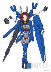 Rule 34 | 1girl, beam rifle, blush, bodysuit, breasts, brown hair, covered navel, crossed legs, drill hair, energy gun, full body, green eyes, gun, gundam, gundam mk v, gundam sentinel, highres, holding, holding gun, holding weapon, i.takashi, large breasts, looking at viewer, mecha musume, parted bangs, personification, smile, solo, twin drills, weapon, white background
