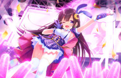 Rule 34 | 1girl, ;d, arm up, armpits, ayamori mimi, black hair, blue eyes, breasts, cleavage, commentary request, earrings, hair ornament, highres, holding, holding microphone, jewelry, long hair, microphone, nijisanji, one eye closed, open mouth, smile, stage, stage lights, thighhighs, thighs, tsukino mito, virtual youtuber, white thighhighs