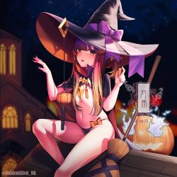 Rule 34 | 1girl, black cape, black hat, blush, broom, brown eyes, cape, character name, fingernails, halloween, halloween costume, hat, highres, jack-o&#039;-lantern, kantai collection, lips, long hair, nail polish, navel, open mouth, purple hair, purple nails, sharp fingernails, solo, tsushima (kancolle), twitter username, unidentified nk, witch hat