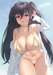 Rule 34 | 1girl, azur lane, bikini, black hair, blue sky, breasts, cleavage, cowboy shot, criss-cross straps, day, hair between eyes, hand in own hair, highres, huge breasts, itaba atsushi, large breasts, leaning forward, long hair, looking at viewer, navel, official alternate costume, open clothes, open shirt, outdoors, red eyes, shirt, sky, solo, string bikini, swimsuit, taihou (azur lane), taihou (seaside daydreams) (azur lane), tongue, very long hair, wet bikini, white bikini, white shirt