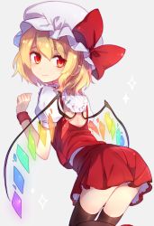Rule 34 | 1girl, ascot, ass, back, bat wings, black thighhighs, blonde hair, bow, closed mouth, commentary request, crystal, flandre scarlet, from behind, hat, hat bow, hat ribbon, kohaku., kurami (kohaku.), laevatein, looking at viewer, looking back, miniskirt, mob cap, puffy short sleeves, puffy sleeves, red eyes, ribbon, short hair, short sleeves, side ponytail, simple background, skirt, skirt set, smile, solo, thighhighs, touhou, wings, wrist cuffs