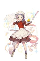 Rule 34 | 1girl, :o, apron, blue socks, book, bottle, bowl, chef hat, cracked egg, dessert, food, fork, full body, green eyes, hand up, hat, highres, jar, ladle, looking at viewer, maid apron, mixing bowl, nikki quinnell, official art, open book, plate, pouring, princess principal, princess principal game of mission, puffy sleeves, purple hair, red skirt, shoes, skirt, socks, sparkle, standing, tears, transparent background, whisk, white footwear