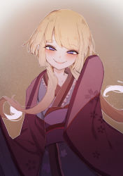 Rule 34 | 1girl, at2., blonde hair, blush, character request, copyright request, highres, japanese clothes, kimono, long hair, looking at viewer, low twintails, parted lips, purple eyes, smile, solo, twintails