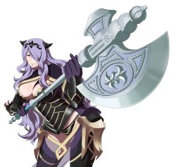 Rule 34 | 1girl, armor, axe, breasts, camilla (fire emblem), cleavage, fire emblem, fire emblem fates, hair over one eye, highres, looking at viewer, nintendo, perspective, purple hair, r-a-1, smile, solo, tiara, weapon