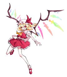 Rule 34 | 1girl, absurdres, ascot, blonde hair, cocokana, collared shirt, crystal, flandre scarlet, frilled shirt collar, frilled skirt, frilled sleeves, frills, hat, highres, medium hair, mob cap, one side up, puffy short sleeves, puffy sleeves, red eyes, red footwear, red skirt, red vest, shirt, short sleeves, skirt, skirt set, solo, touhou, vest, white hat, white shirt, wings, wrist cuffs, yellow ascot