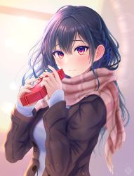 Rule 34 | 1girl, absurdres, black hair, blue ribbon, blush, box, braid, brown coat, closed mouth, coat, floating hair, gift, gift box, hair between eyes, hair ribbon, hanegaito, highres, holding, holding box, long hair, long sleeves, mole, mole under eye, open clothes, open coat, original, plaid, plaid scarf, red eyes, ribbed sweater, ribbon, scarf, single braid, solo, sweater, upper body, valentine, white sweater