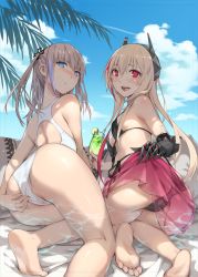 Rule 34 | 2girls, all fours, alternate costume, ass, barefoot, beach, bikini, black bikini, blue eyes, blue sky, blush, cloud, commentary request, cover, cup, curvy, day, drinking glass, embarrassed, fang, feet, from behind, front-tie top, girls&#039; frontline, groin, hair between eyes, hair ornament, headgear, highres, hip focus, holding, holding cup, holding drinking glass, legs, long hair, looking at viewer, m4 sopmod ii (girls&#039; frontline), multicolored hair, multiple girls, one-piece swimsuit, one side up, open mouth, outdoors, palm leaf, parted lips, pillow, pink hair, prosthesis, prosthetic arm, red eyes, red hair, red sarong, reflection, ripples, sand, sarong, see-through, shiny skin, side-tie bikini bottom, sidelocks, sky, smile, soles, st ar-15 (girls&#039; frontline), streaked hair, sweat, swimsuit, thighs, tree, tropical drink, white one-piece swimsuit, zen juraku