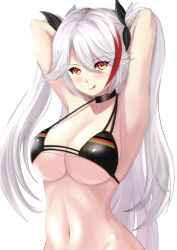 Rule 34 | 1girl, :q, armpits, arms behind head, azur lane, bikini, bikini top only, black bikini, blush, breasts, choker, cleavage, collarbone, groin, hair between eyes, hair ribbon, highres, large breasts, long hair, looking at viewer, multicolored hair, navel, official alternate costume, orange eyes, prinz eugen (azur lane), prinz eugen (unfading smile) (azur lane), ribbon, shirokuro (monochrome0226), sidelocks, simple background, smile, solo, stomach, streaked hair, swimsuit, tongue, tongue out, two side up, white background, white hair