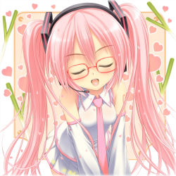 Rule 34 | 1girl, bare shoulders, blush, detached sleeves, closed eyes, glasses, hatsune miku, heart, highres, long hair, necktie, norita, open mouth, pink hair, sakura miku, skirt, solo, spring onion, tongue, twintails, very long hair, vocaloid