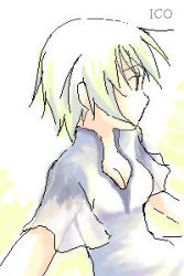 Rule 34 | 1girl, blonde hair, blue dress, blush, breasts, cleavage, collarbone, dress, from side, ico, looking to the side, lowres, short hair, short sleeves, simple background, small breasts, solo, upper body, white background, yorda