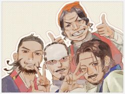 Rule 34 | 1girl, 3boys, 99814070, ainu clothes, beard, black hair, blue eyes, facial hair, full beard, golden kamuy, grin, group picture, kiroranke, long hair, long sleeves, looking at viewer, mature male, missing tooth, multiple boys, mustache, old, old woman, scar, scar on face, scar on forehead, short hair, smile, sofia (golden kamuy), thick beard, thick eyebrows, thumbs up, tsurumi tokushirou, upper body, v, v over eye, wilk (golden kamuy), wrinkled skin