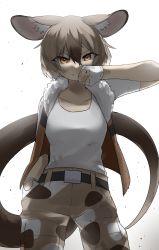 Rule 34 | &gt;:(, 1girl, animal ears, backlighting, bare arms, belt, brown eyes, brown hair, brown pants, brown vest, clenched hand, closed mouth, collarbone, dirty, dirty clothes, dirty face, eyes visible through hair, fingerless gloves, frown, fur trim, gambian rat (kemono friends), gloves, gradient hair, hair between eyes, hand in pocket, highres, isobee, kemono friends, kemono friends 3, medium hair, mouse ears, mouse girl, mouse tail, multicolored hair, open clothes, open vest, pants, parted bangs, pocket, print pants, shirt, short sleeves, solo, tail, v-shaped eyebrows, vest
