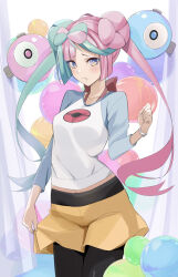 Rule 34 | 1girl, black pantyhose, blue eyes, blush, breasts, bright pupils, closed mouth, commentary request, cosplay, cowboy shot, creatures (company), game freak, green hair, hand up, highres, iono (pokemon), medium breasts, multicolored hair, nhb haribote, nintendo, pantyhose, pink hair, pokemon, pokemon bw2, pokemon sv, raglan sleeves, raised eyebrows, rosa (pokemon), rosa (pokemon) (cosplay), shirt, shorts, shorts tug, solo, twintails, two-tone hair, white pupils, yellow shorts