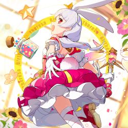 Rule 34 | 1girl, :d, animal ears, bare shoulders, crown, dress, flower, fox ears, from side, gloves, happy, holding, holding wand, honkai (series), honkai impact 3rd, long hair, looking at viewer, magical girl, non-web source, official art, open mouth, pink dress, pink footwear, pink hair, side ponytail, simple background, sleeveless, sleeveless dress, smile, solo, sunflower, theresa apocalypse, theresa apocalypse (sakuno rondo), thighs, wand, white background, white gloves