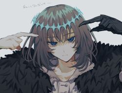 Rule 34 | 1boy, black gloves, black hair, blue eyes, closed mouth, collared shirt, commentary, diamond hairband, empty eyes, fate/grand order, fate (series), fur trim, gloves, inagoinaire, looking at viewer, male focus, oberon (fate), oberon (third ascension) (fate), pointing, pointing at self, portrait, shirt, short hair, simple background, single glove, solo, white background, white shirt