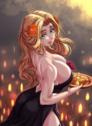 Rule 34 | 1girl, blush, breasts, chin piercing, cleavage, colored eyelashes, dia de muertos, dress, fate/grand order, fate (series), flower, food, green eyes, green nails, hair flower, hair ornament, highres, jewelry, large breasts, long hair, muscular, muscular female, nail polish, parted lips, quetzalcoatl (fate), skull, smile, solo, teeth, zantyarz