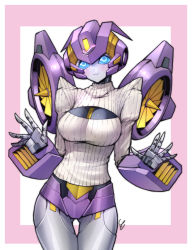 Rule 34 | 1girl, autobot, blush, breasts, clothed robot, glowing, glowing eyes, mecha, meme attire, nautica (transformers), open-chest sweater, robot, science fiction, solo, sweater, the transformers (idw), transformers, zoner