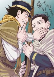 Rule 34 | 2boys, alternate costume, arisaka, black eyes, black hair, blue jacket, blue pants, bolt action, brown hair, cloak, decoy00xx, facial hair, facial scar, finger to mouth, gaiters, goatee, golden kamuy, gun, hair slicked back, hair strand, hand on another&#039;s face, hat, holding, holding weapon, hood, hooded cloak, index finger raised, jacket, kepi, long sleeves, male focus, military, military hat, military uniform, multiple boys, ogata hyakunosuke, pants, rifle, scar, scar on cheek, scar on face, scarf, short hair, shushing, stubble, sugimoto saichi, surprised, translation request, undercut, uniform, upper body, weapon, yellow scarf