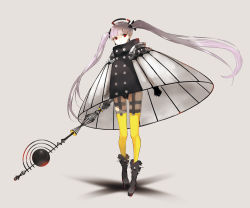 Rule 34 | 1girl, boots, dress, earrings, full body, gloves, grey background, halo, highres, jewelry, long hair, original, panties, pink hair, red eyes, solo, spikes, staff, standing, thighhighs, tokiti, twintails, underwear, very long hair, yellow thighhighs, zipper
