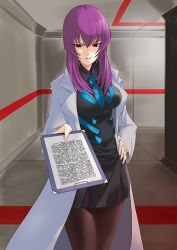 Rule 34 | 1girl, clipboard, hand on own hip, hip focus, kouzuki yuuko, lab coat, mizuki makoto, muv-luv, pantyhose, pencil skirt, purple eyes, purple hair, skirt, smile, solo