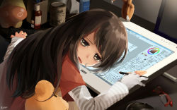 Rule 34 | 1girl, artist name, bags under eyes, bison cangshu, blouse, brown eyes, brown hair, cup, desk, drawing, drawing tablet, figure, fingerless gloves, glasses, gloves, head rest, holding, jitome, keyboard (computer), layered sleeves, logitech, logo, long hair, long sleeves, monitor, mouse (computer), open mouth, original, painttool sai, partially fingerless gloves, pen, red-framed eyewear, shirt, short over long sleeves, short sleeves, sleepy, solo, striped clothes, striped shirt, stuffed animal, stuffed toy, stylus, swept bangs, tablet pc, teddy bear, unworn eyewear, wacom