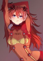 Rule 34 | 1girl, arms up, artist request, blue eyes, bodysuit, breasts, brown hair, covered navel, evangelion: 2.0 you can (not) advance, highres, lips, looking at viewer, multicolored bodysuit, multicolored clothes, neon genesis evangelion, plugsuit, rebuild of evangelion, red bodysuit, shiny clothes, shiny skin, simple background, skin tight, solo, souryuu asuka langley, stretching, test plugsuit, tsundere, twintails, two side up, wide hips